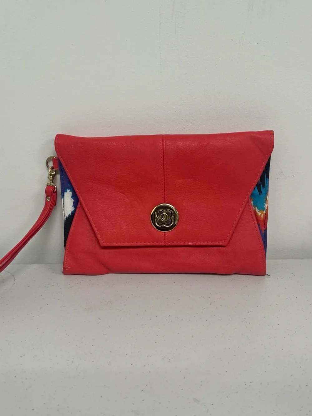Red Leather Foldover Clutch with Gold Turn-Lock